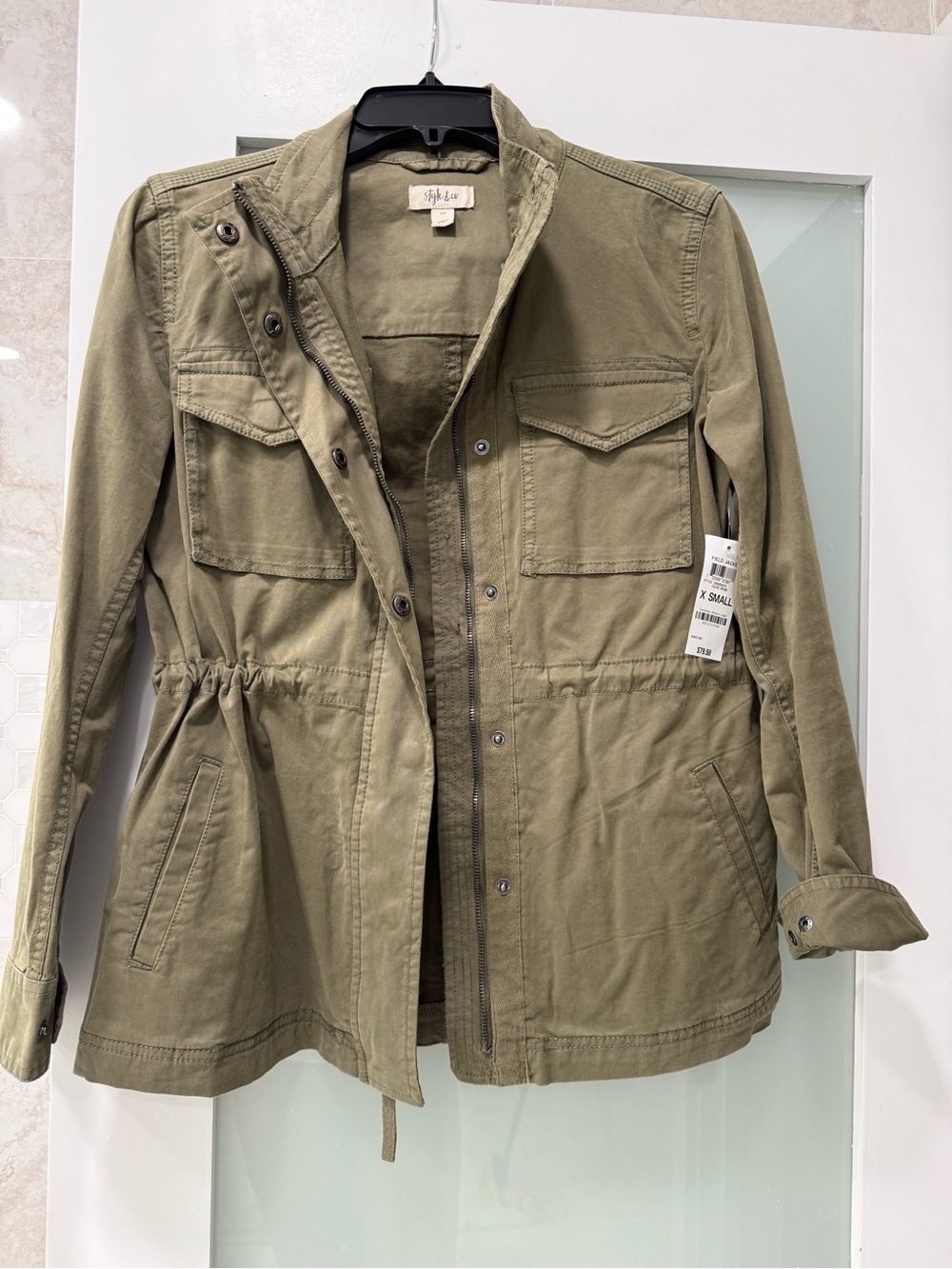 Style & Co. Olive Utility Jacket with Drawstring Waist